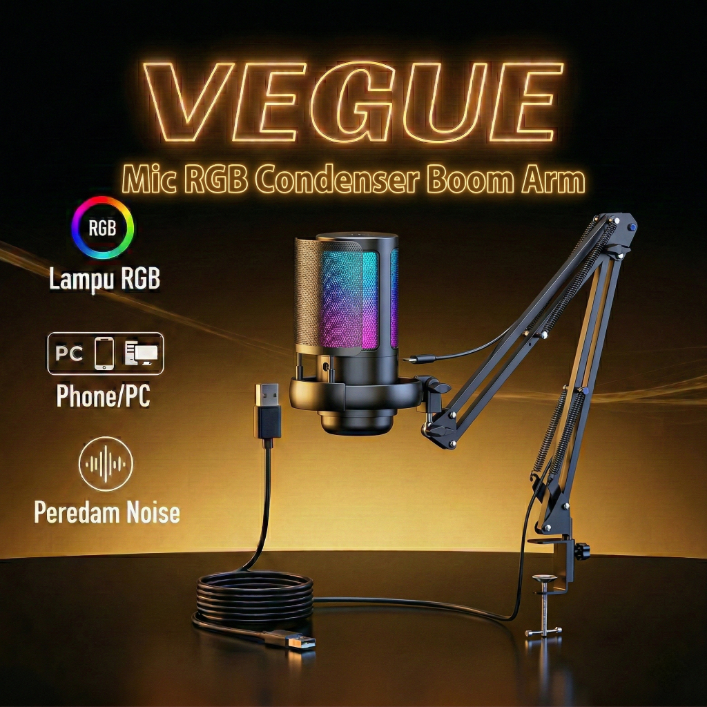 Microphone Condenser RGB USB dengan Boom Arm Kantilever untuk Gaming Live Streaming Podcast PC Lapto