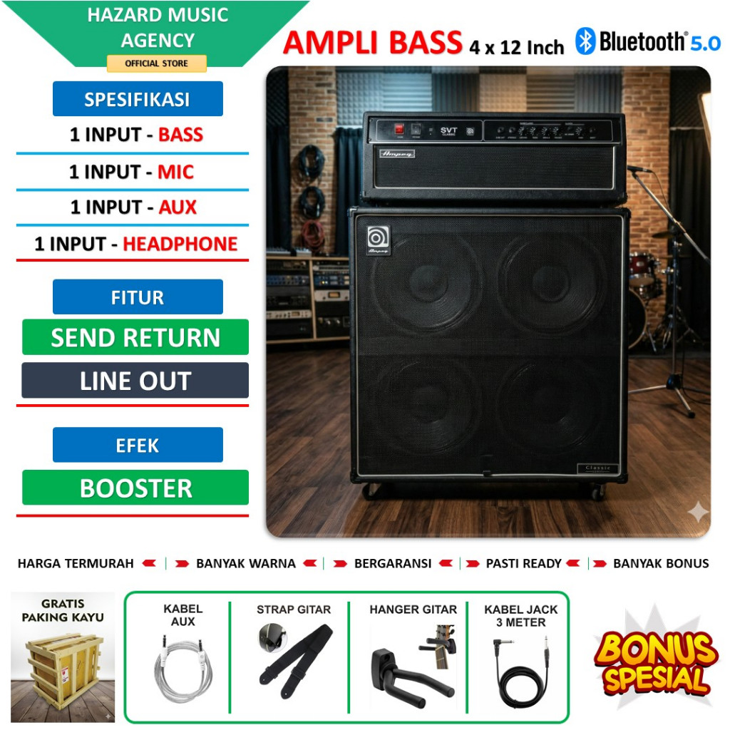 Ampli Bass 4x12 Inch Bluetooth AMPEG bisa untuk karaoke 3 Input Head Cabinet