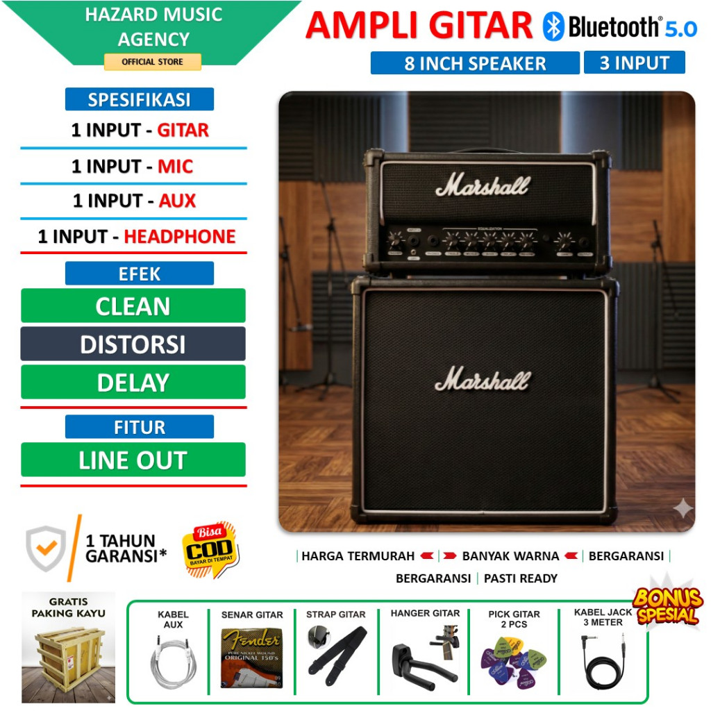 Ampli gitar & bass 8 Inch 3 input ada bluetooth bisa untuk karaoke head cabinet efek distorsi delay