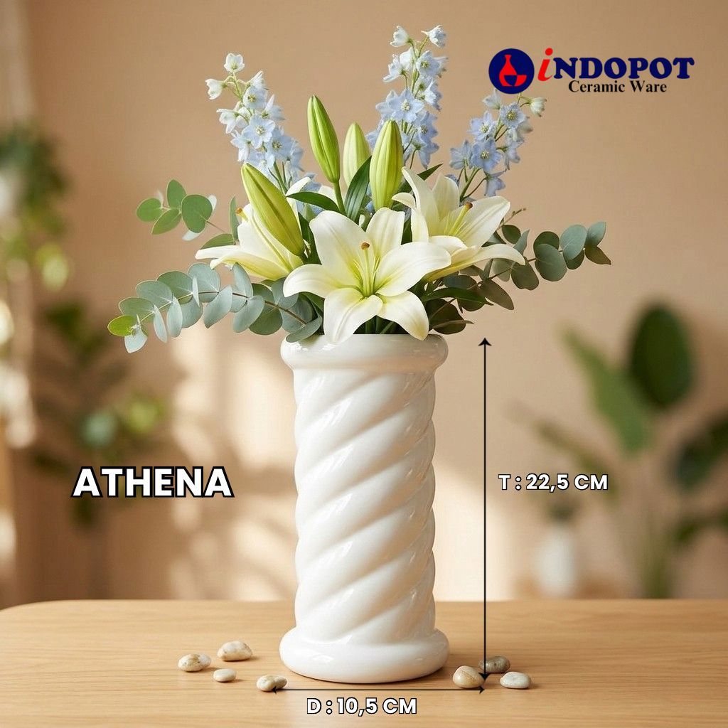 Vas Keramik Athena Putih Polos Tanaman Hias Bunga Rangkai