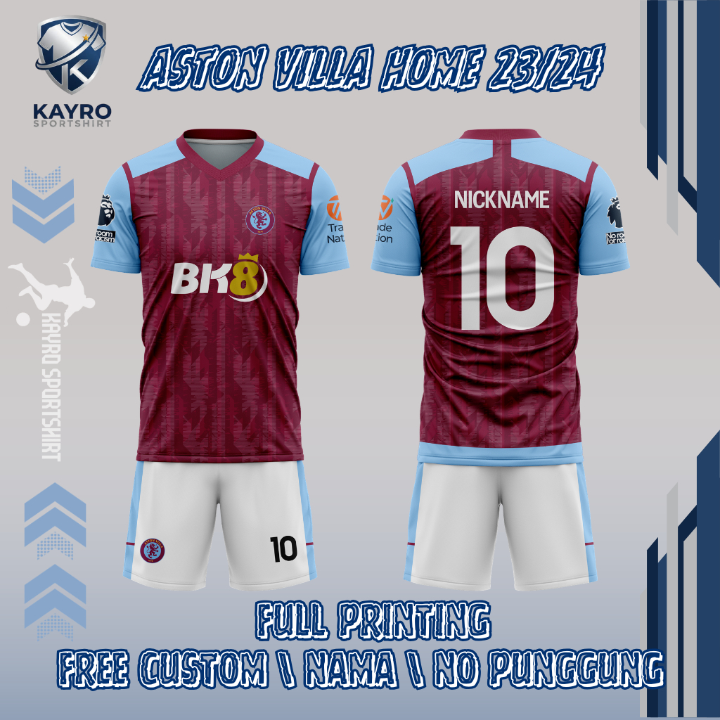 Jersey Bola Aston Villa Home 2023-2024 Custom Nama Nomor Dri-Fit Milano Anak Dewasa Unisex