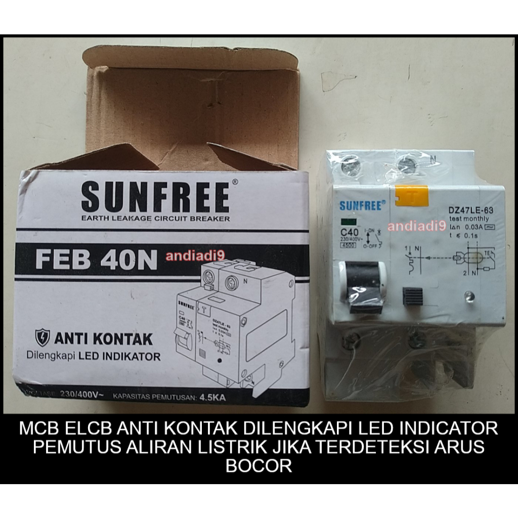 EARTH LEAKAGE CIRCUIT BREAKER MCB ELCB ANTI KONTAK ANTI SETRUM 40A SUNFREE FEB 40N DILENGKAPI LED IN