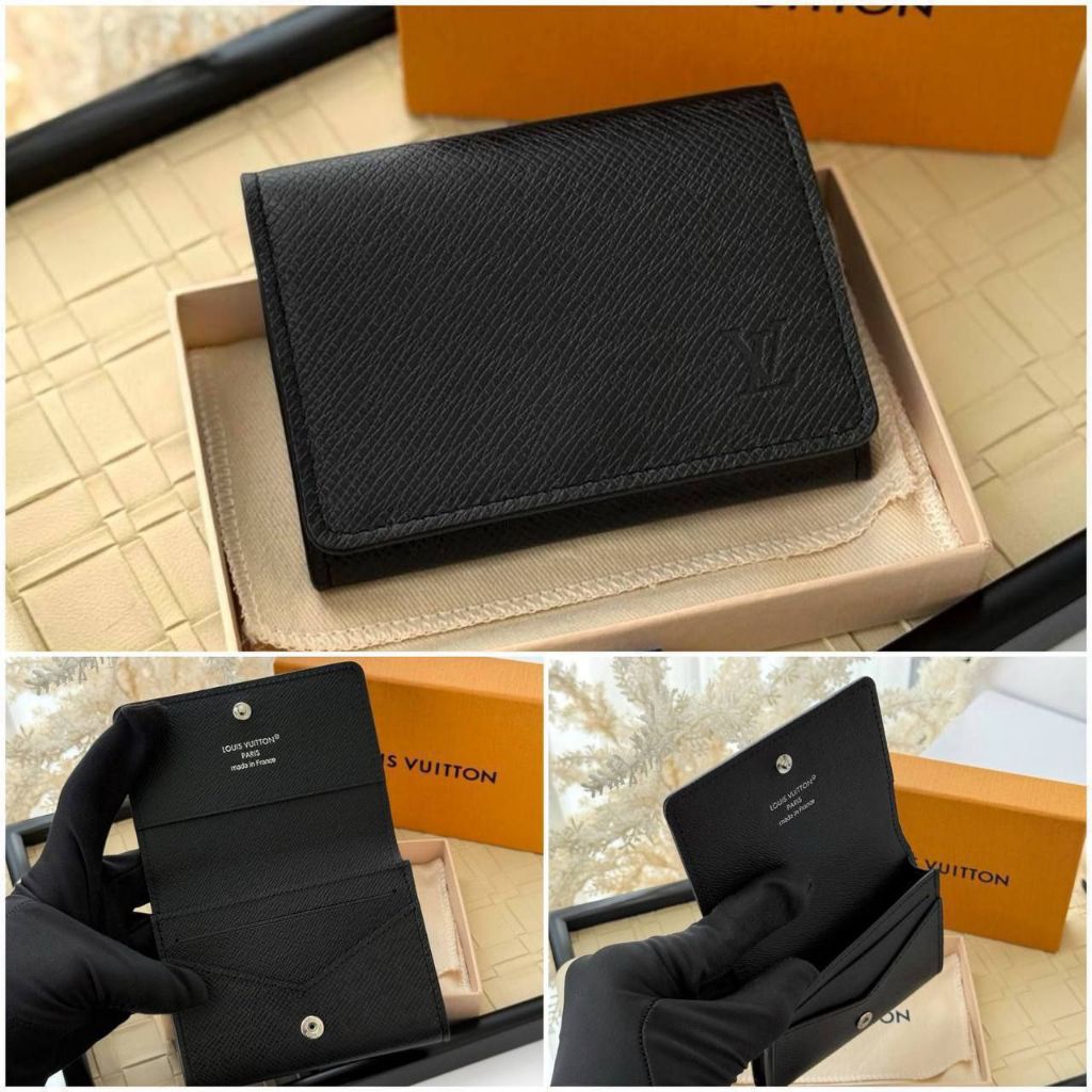 Louis Vuitton LV Card Visite Envelope Wallet Black Taiga Leather