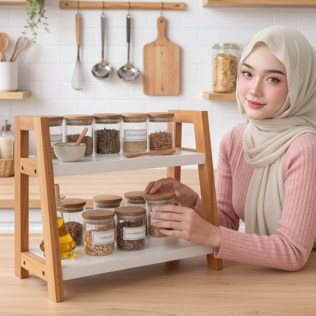 Rak Bumbu 2 Tingkat Kayu Putih Minimalis - Rak Dapur Modern Aesthetic