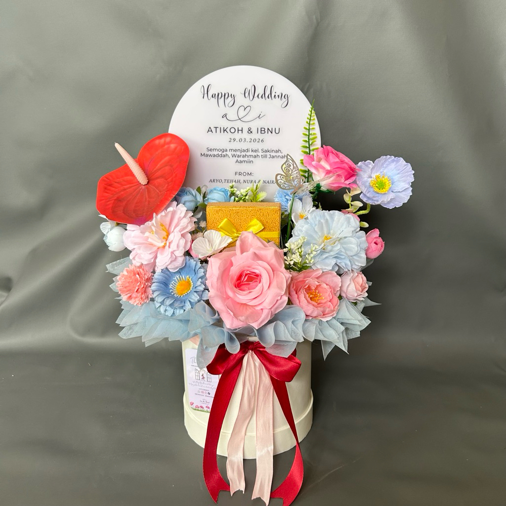 Ready Bloom Box Akrilik Flower Pink | Round Box Akrilik Flower Pink | Buket Flower Box