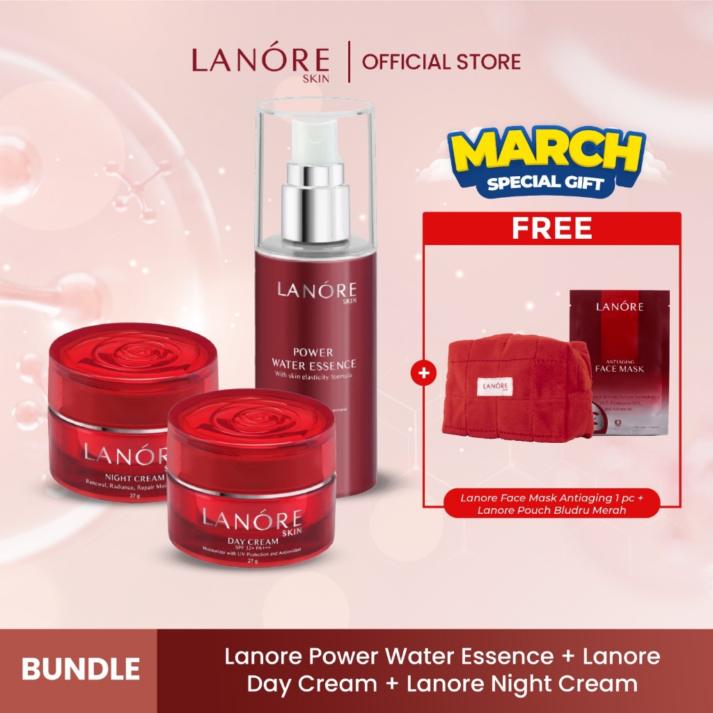 Paket Lanore Skin Night Cream+Lanore Skin Day Cream SPF 32+ PA+++ +Lanore Skin Power Water Essence