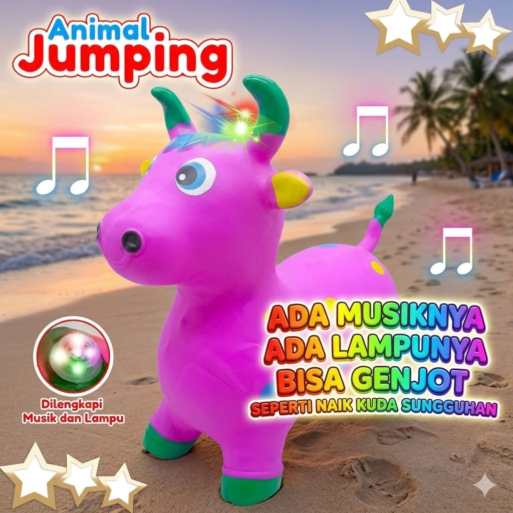 Sapi Jumping Ungu Mainan Anak Karet Tebal Musik Lampu Hewan Genjot Balon Loncat