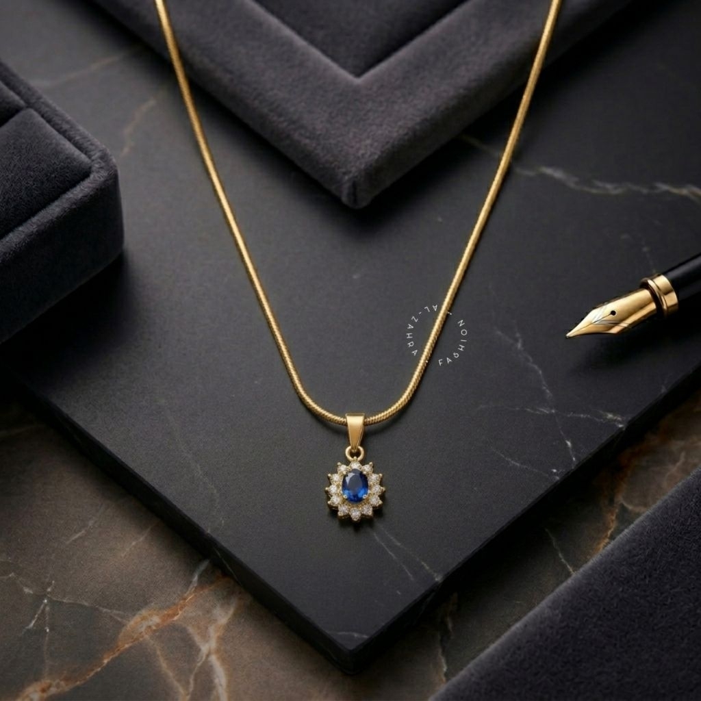 Kalung Emas "Royal Azure" – Liontin Safir Biru & Kelopak Berlian (Edisi Elegan)