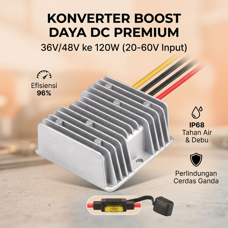 Konverter Step Up DC 120W 10A 36V 48V ke 12V Tahan Air IP68 Efisiensi 96% Mobil Golf Listrik