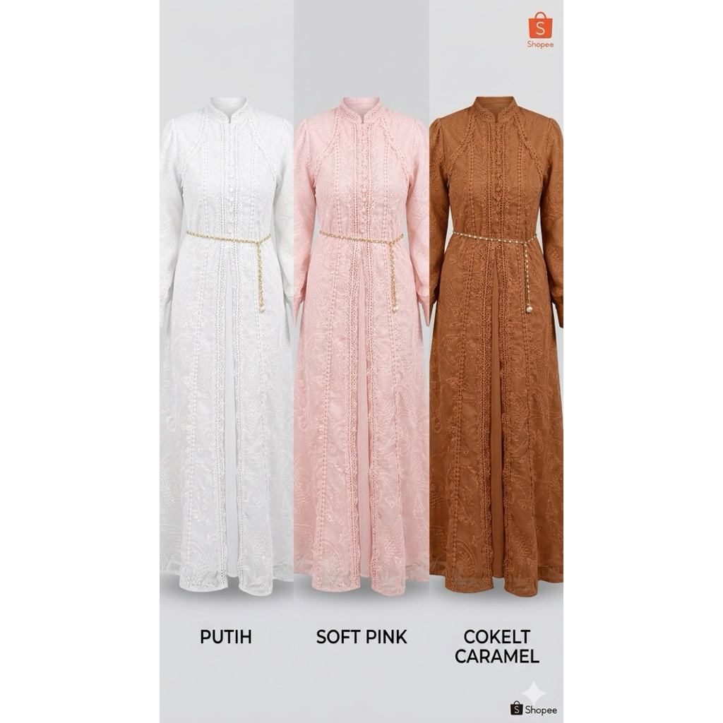 Gamis Brokat Tile Premium Mutiara - Dress Pesta Kondangan Mewah / Kaftan Modern Silk - Free Ikat Pin