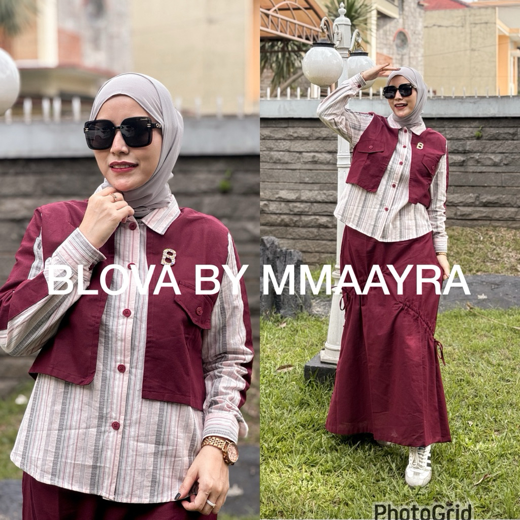 Mmaayra-BLOVA By Mmaayra- New Arrival One Set Atasan dan Rok Linen Mix Katun Triset