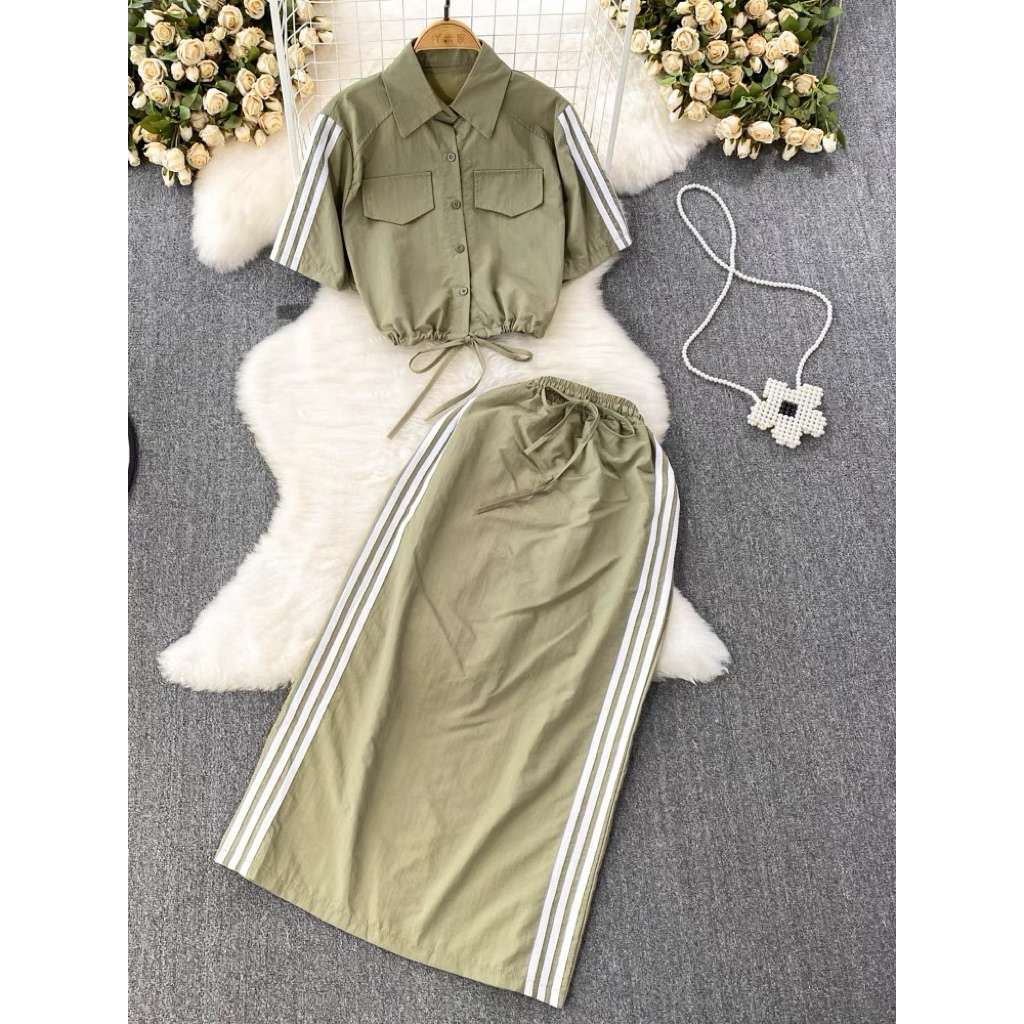 one set training sporty look stelan cargo parasut wanita parachute set kargo