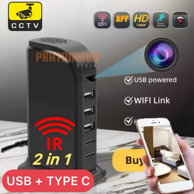 Hub Charger Type C USB Camera Tersembunyi Mini WiFi 1080P iHD, Deteksi Gerakan, Pemantauan Tanpa WiF