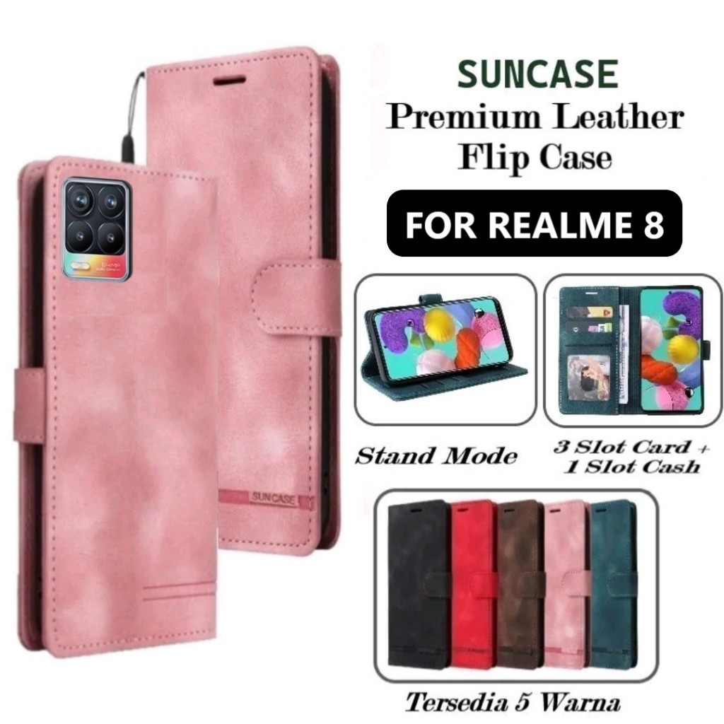 Casing REALME 8 model flip buka tutup case kulit ada tempat foto dan kartu juga tali hp flip cover