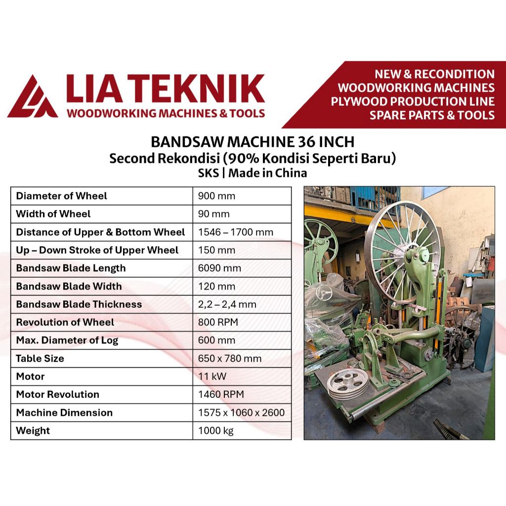 Mesin Bandsaw Sawmill SKS 36 Inch Gergaji Pita SKS Second Rekondisi 90% Kondisi Seperti Baru Made in