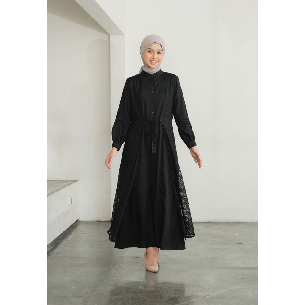 Tunique x Sekido | Gamis Aznie | Gamis Lebaran Gamis Hitam Elegant Polos Broklat Lace Big Size