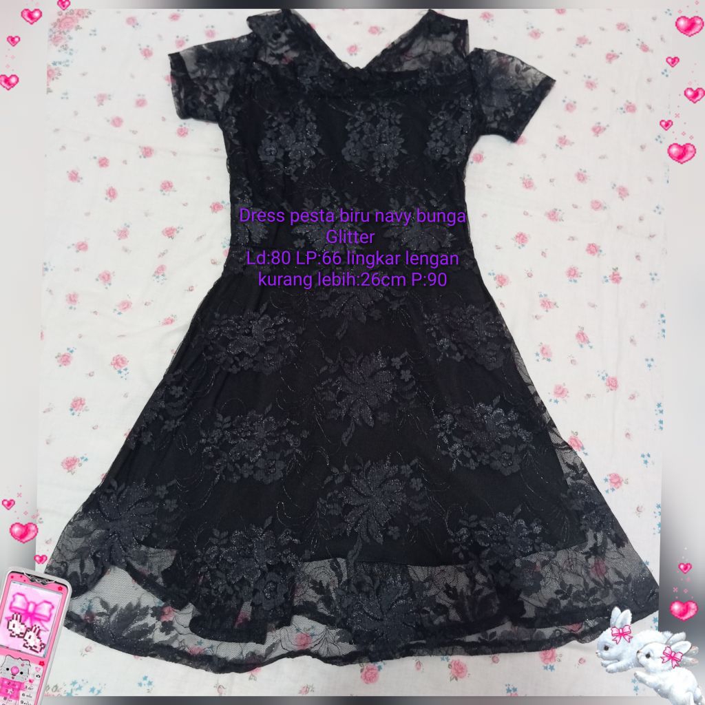 Dress pesta biru Navy bunga Glitter