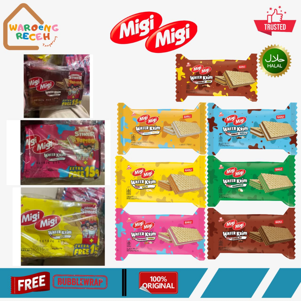 Migi Migi Wafer Krim Chocolate Strawberry Keju Cocopandan Vanilla 1 Pack isi 10 Pcs @8 Gr