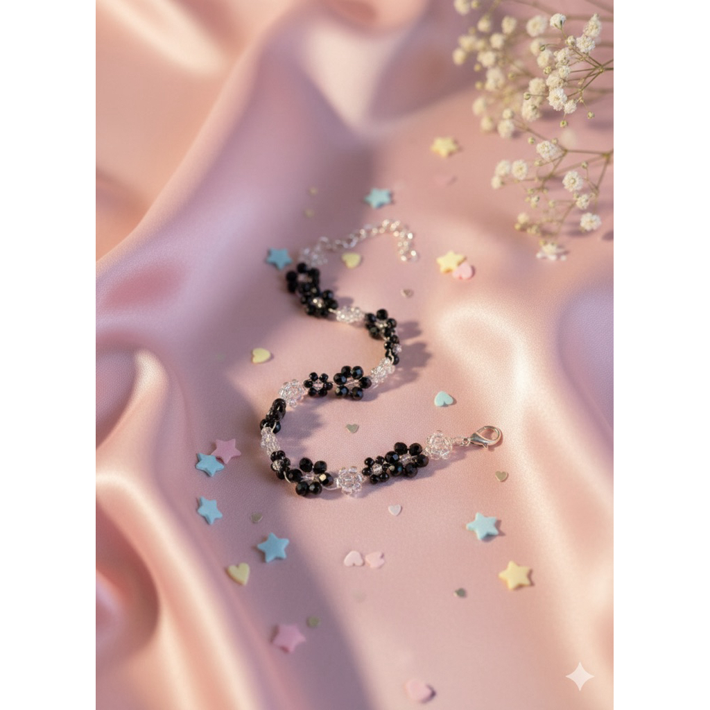 Gelang manik manik bunga hitam silver