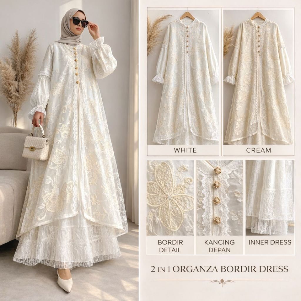Gamis Organza Bordir Premium Wanita Set Inner Dress Brokat Panjang – Dress Muslimah Elegant Formal P