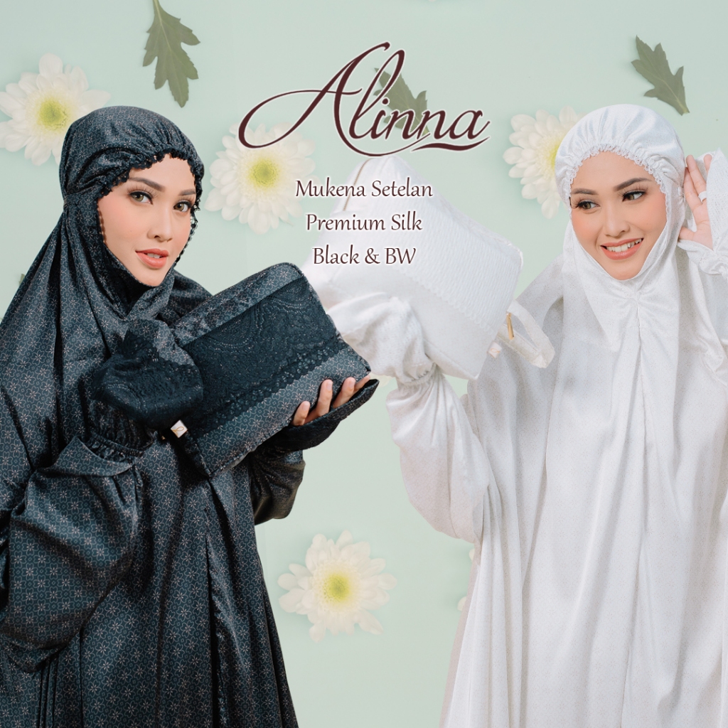 Mukena Alinna Setelan Potong Atas Bawah Berlengan Tangan Dagu Premuin Silk Sutra Umroh Haji Ihram