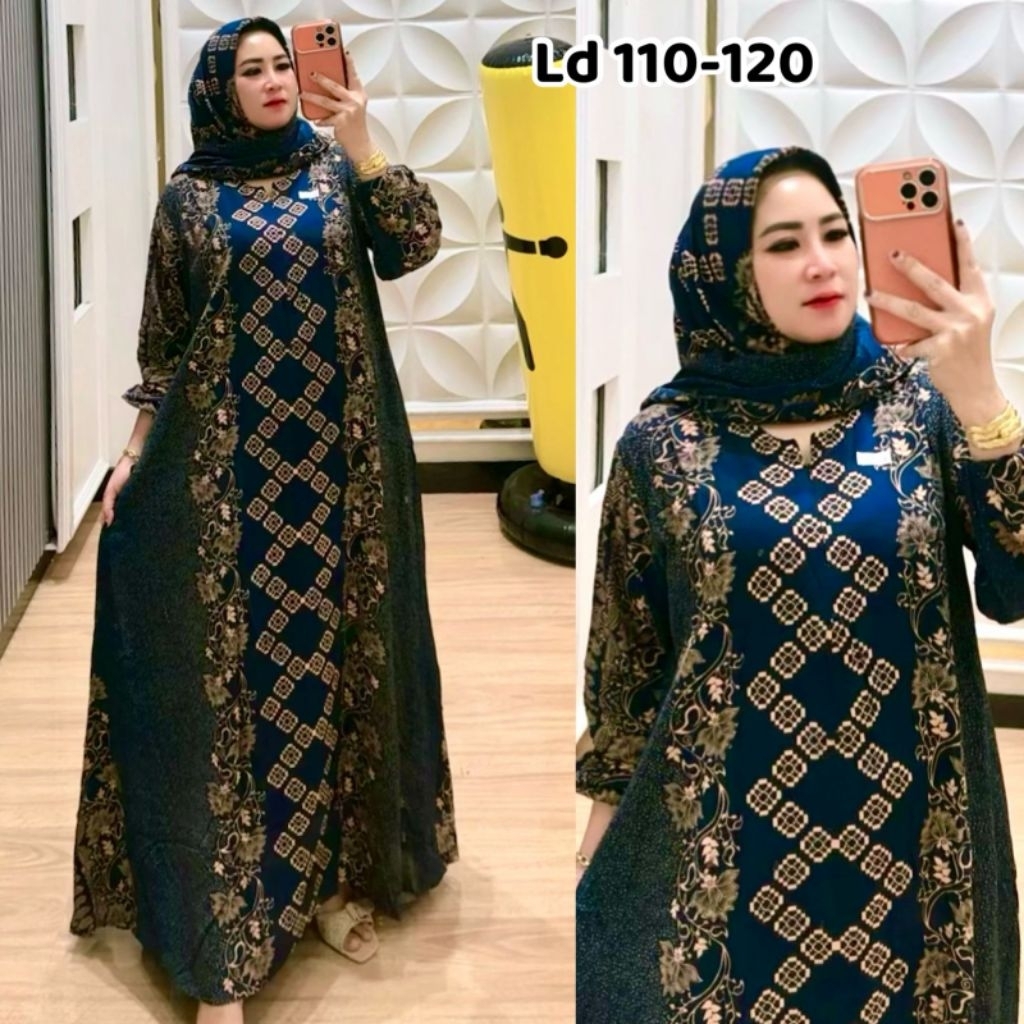 daster panjang set hijab motif batik storjoan bahan rayon tuwil