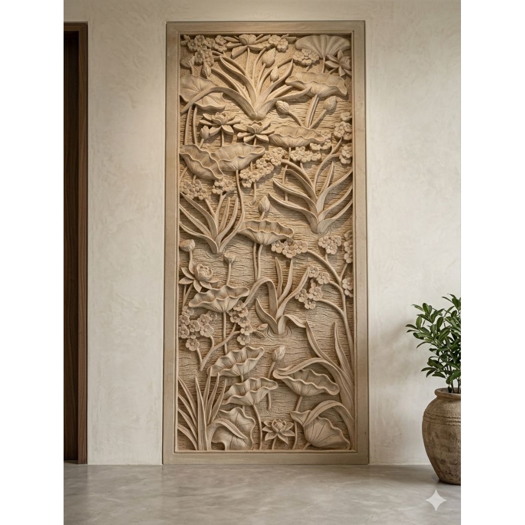 relief ukir batu alam hiasan dinding motif bunga