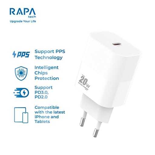 RAPAtech Power II BATOK ADAPTOR Charger for iPhone 11 12 13 14 15 16 17 PD 20W MFi CH1060 Charger iP