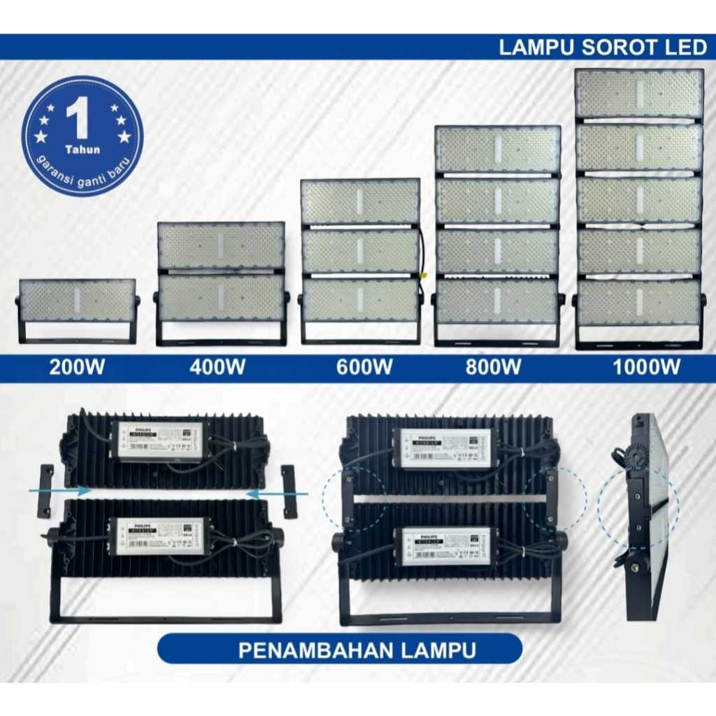 Lampu Sorot LED 200W/400W/600W/800W/1000W Lapangan LED Trafo PHILIPS SNI