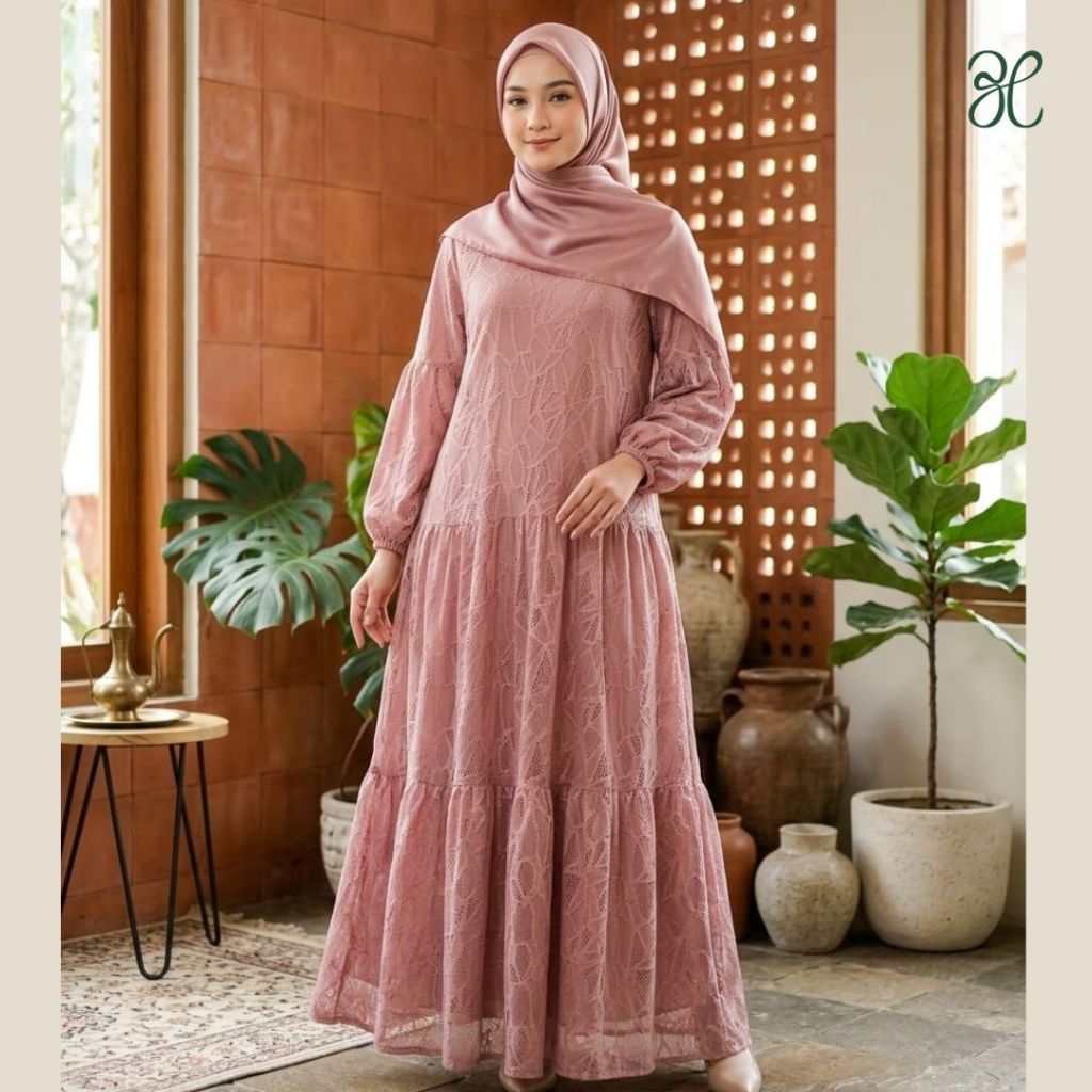 3H Cilla Gamis Wanita Lengan Panjang Brukat Dress Long Sleeve Stylish (OC27)