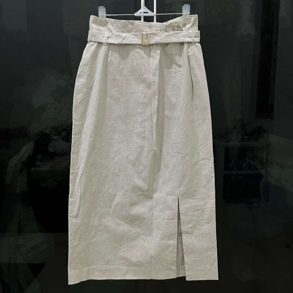 Rok span Linen Tebal Natural With Belt