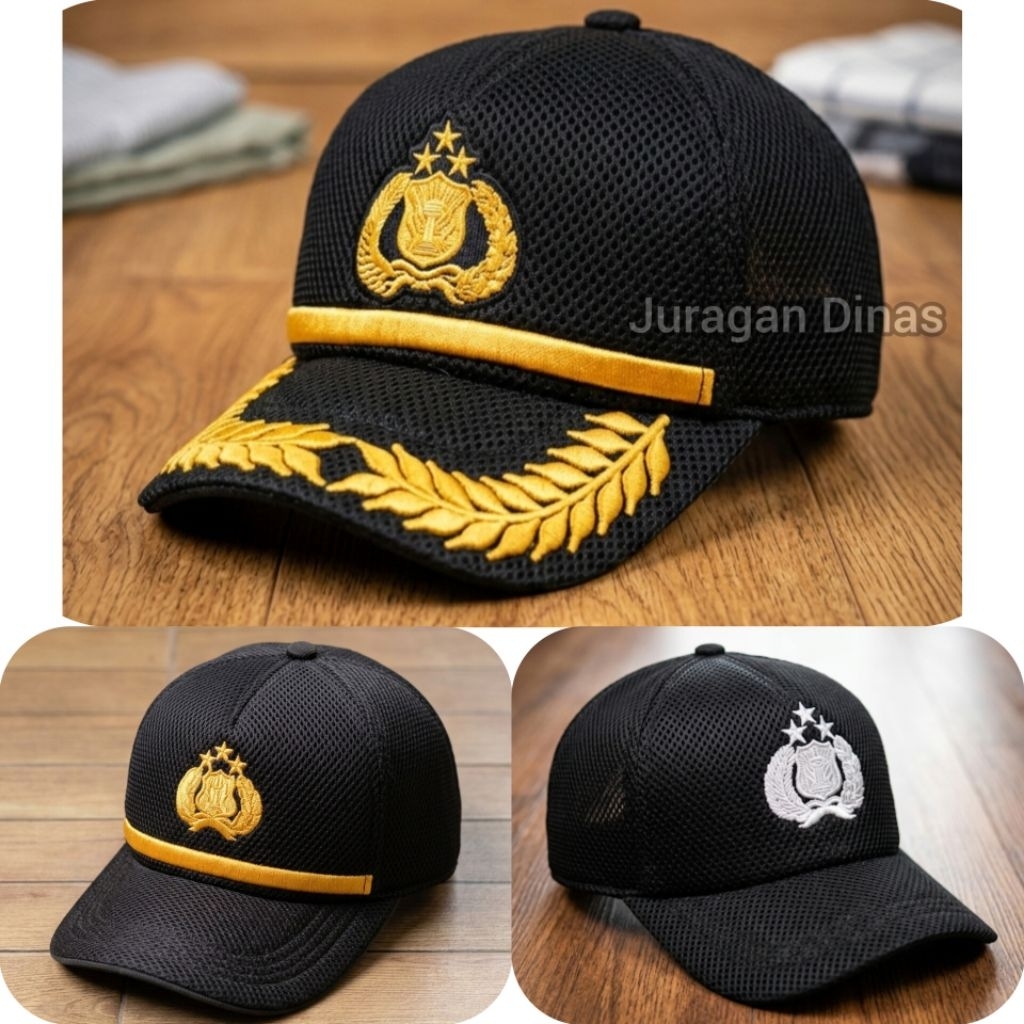 TOPI PDH POLRI PILKAB POLISI PERWIRA PAMEN HITAM JARING DOBEL MESH