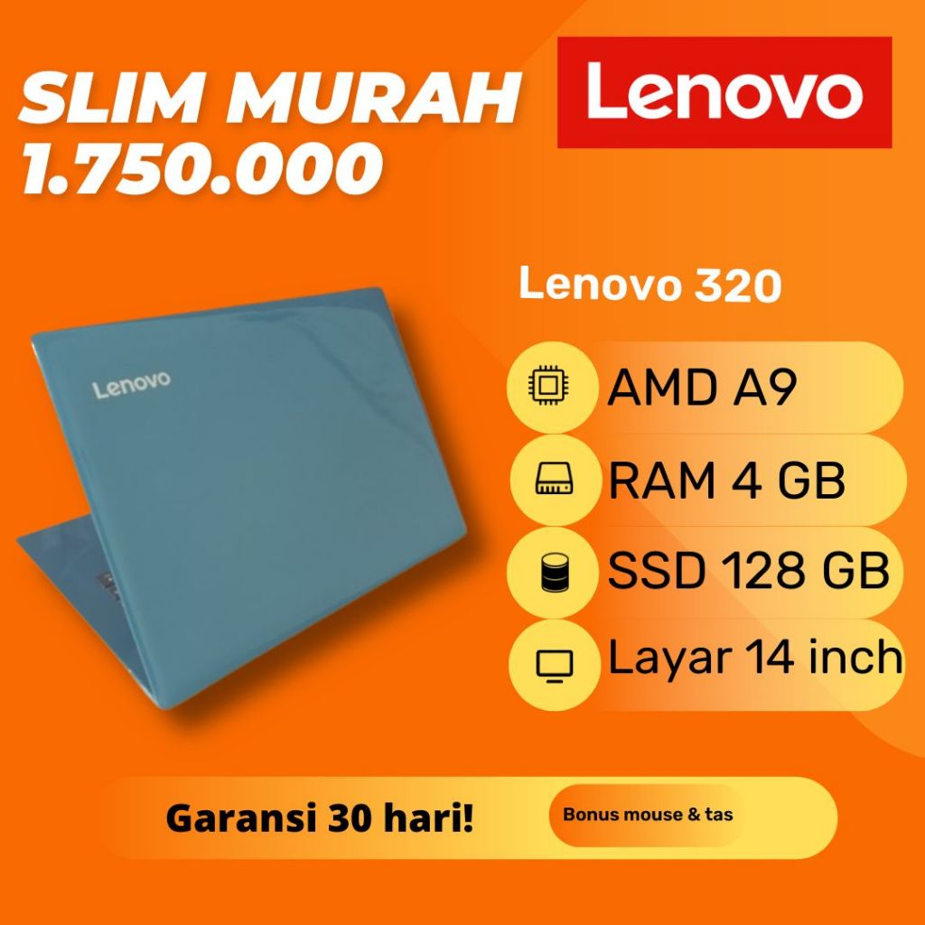 Laptop Lenovo Ideapad 320-14AST Denim Blue Slim AMD A9-9420 SSD 128GB RAM 4GB Second Bekas