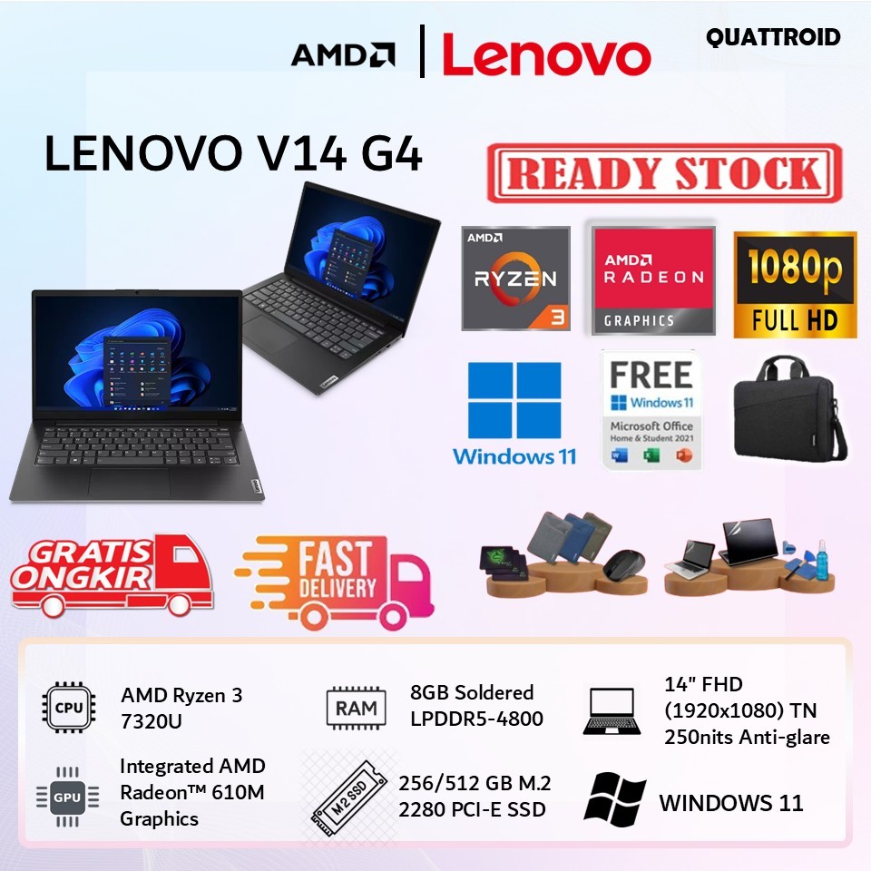 Lenovo V14 G4 Ryzen 3 7320U Ram 8GB SSD 256GB WINDOWS 11 Garansi Resmi LENOVO 2 Tahun