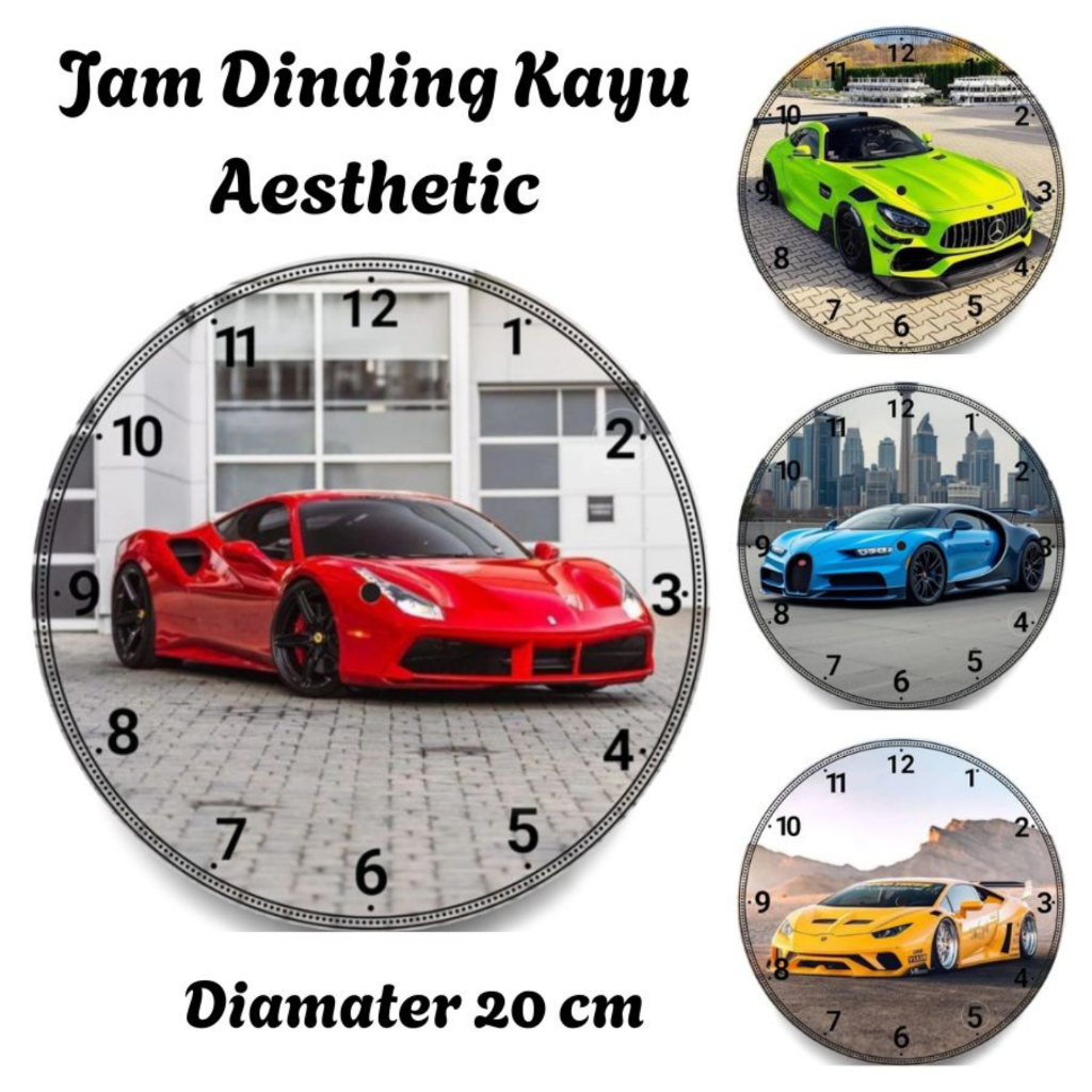 Jam Dinding Kayu Aesthetic Gambar Mobil Sport - Jam Dinding Tanpa Kaca