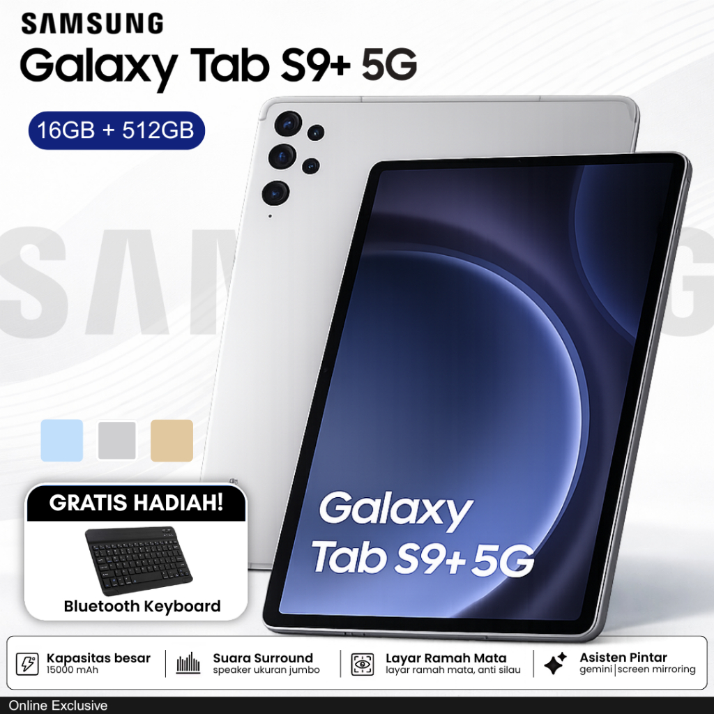 Gratis Keyboard + Case | Samsung Galaxy Tab S9+ 5G 16GB+512GB 11.1” IPS Android 12 15000mAh Dual SIM