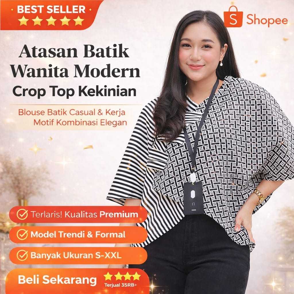 BEST SELLER Atasan Batik Wanita Modern Crop Top Kekinian | Blouse Batik Casual Kerja Kantor Motif El