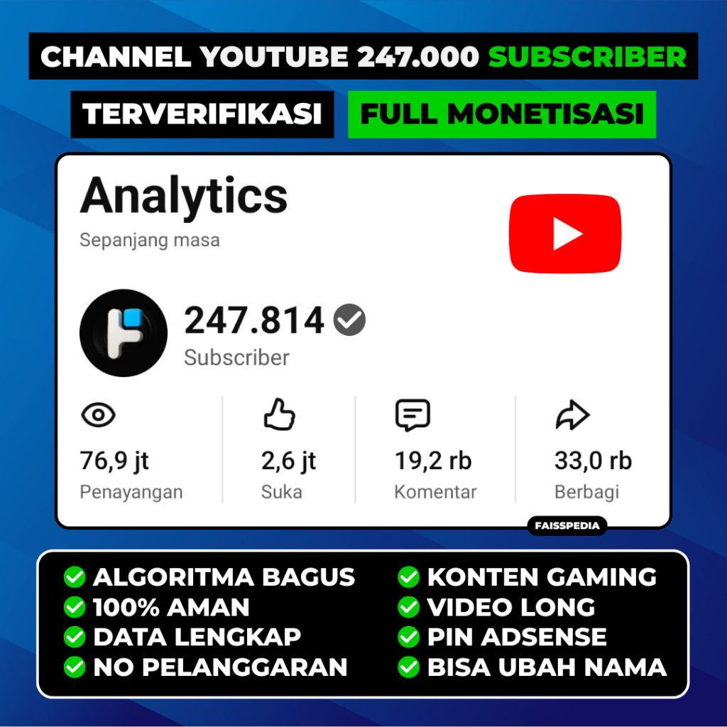 Channel Youtube 247.000 Subscribers Monetisasi (Terverifikasi)