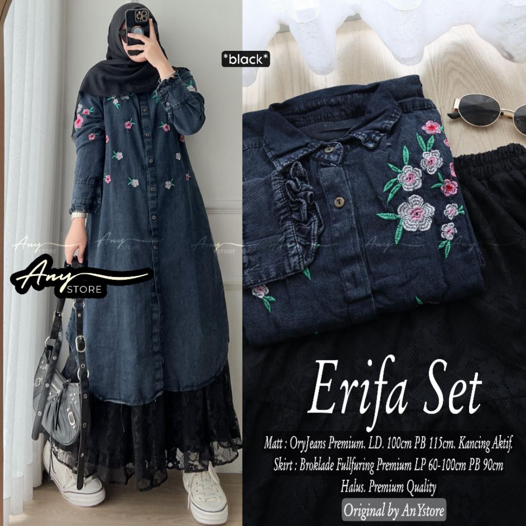 Erifa Set original Any Store setelan wanita oneset muslimah kekinian bahan jeans mix rok brokat