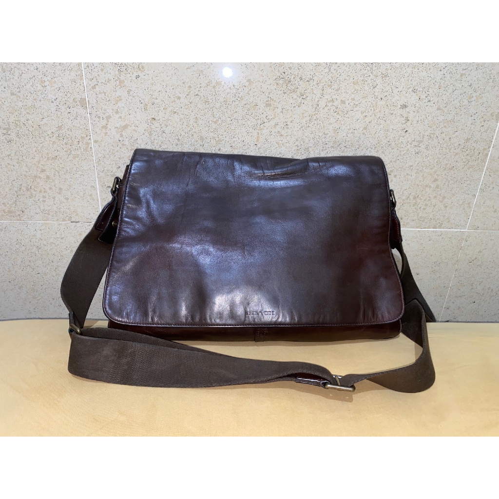 tas sling bag slempang pria cowo brand Coach - full kulit leather - brown coklat LIKE NEW