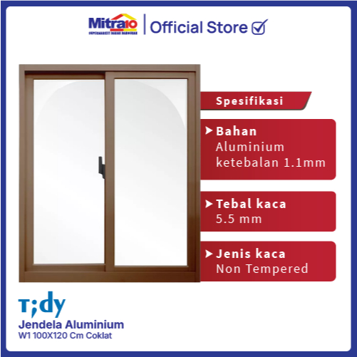 Jendela Double Sliding Aluminium 100x120cm Coklat W1 - Tidy [INCLUDE PACKING KAYU]
