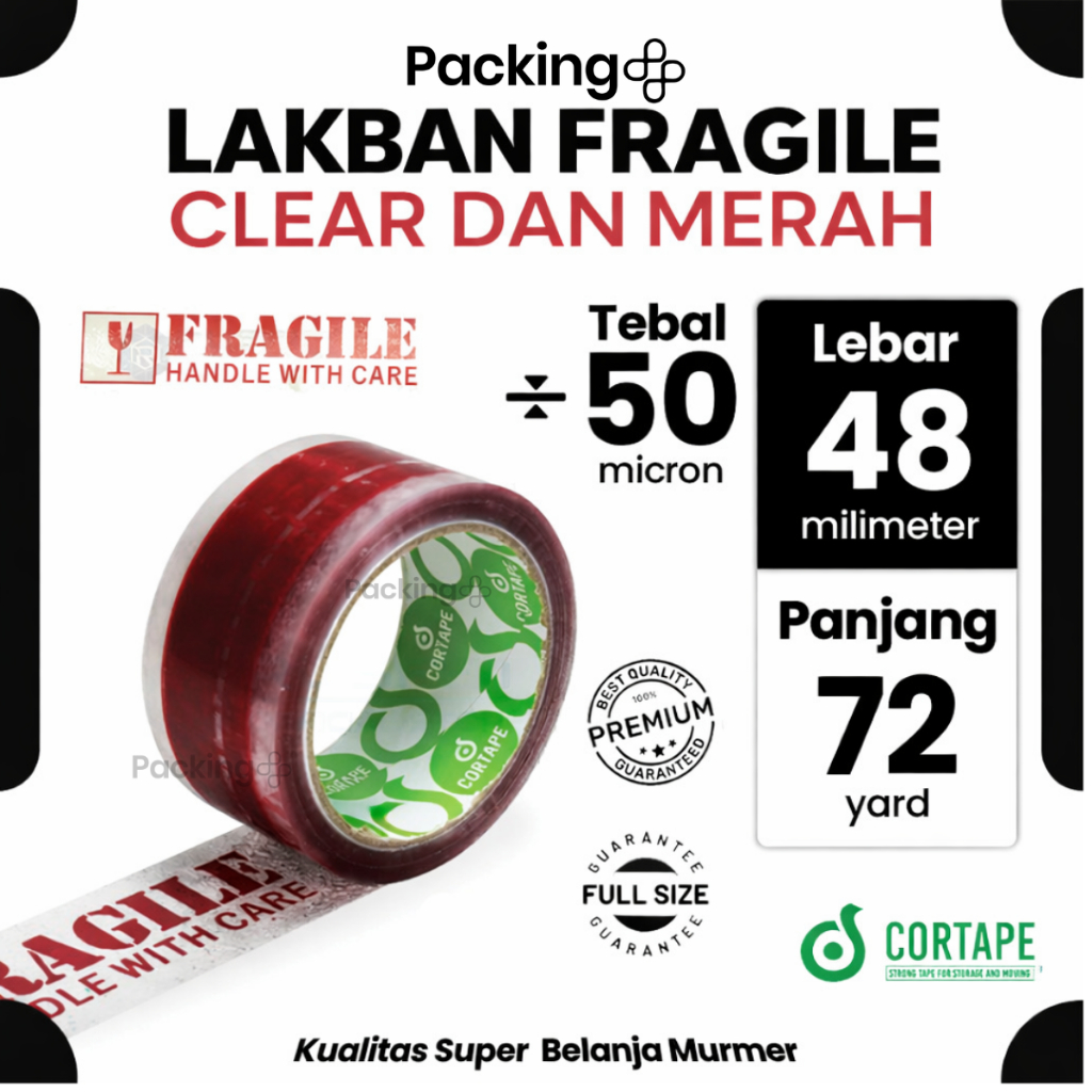 Lakban / Selotip / OPP Tape Printing Fragile Clear Bening 2inch 48mm x 72 yard Cortape Harga Satuan