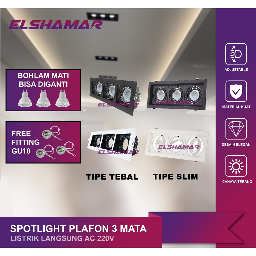 Kap Lampu Downlight Halogen GU10 Spotlight Plafon 3 Lubang LED Spot GU10