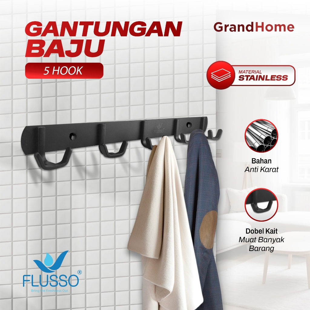 Gantungan Dinding Baju & Tas FLUSSO Minimalis Modern | Rak Gantungan Tembok 3–5 Hook