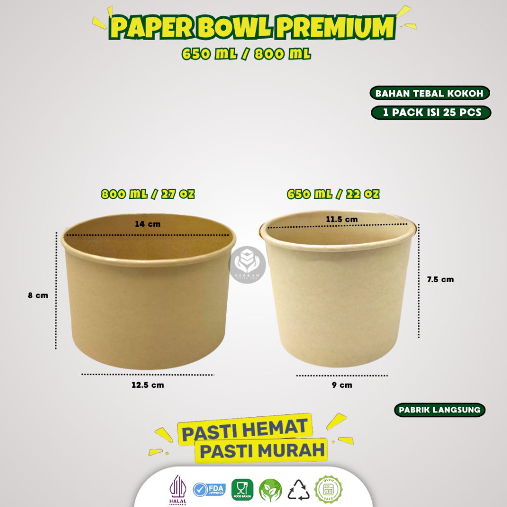 (25 Pcs) Paper Bowl 800ml Food Grade Tanpa Tutup / Rice Bowl Kraft Laminasi / Paper Bowl Food Grade 