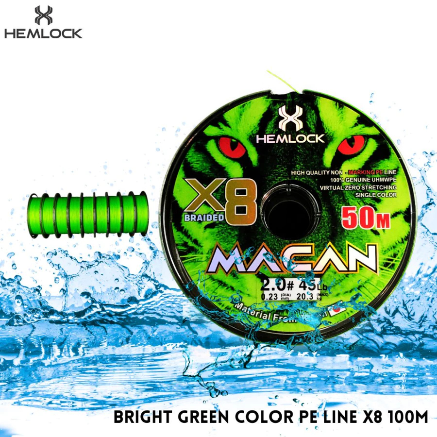 SENAR PANCING PE MACAN ORIGINAL HEMLOCK X8 50M SINGGLE COLOR MAX DRAG 25KG
