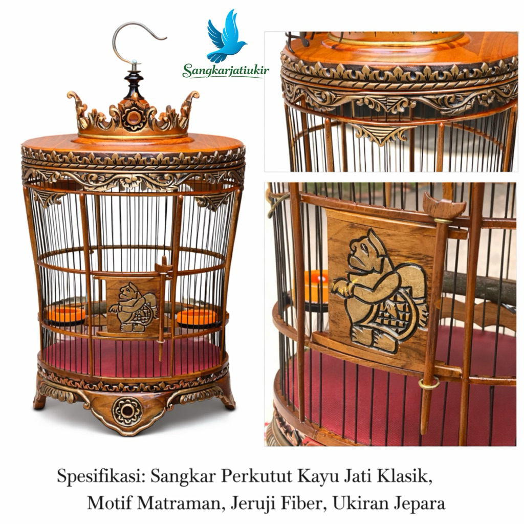 Sangkar Perkutut Kayu Jati Matraman Ukiran Klasik Jepara Jeruji Fiber Premium