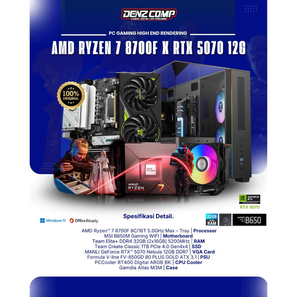 PC Gaming - AMD Ryzen 7 8700F | RTX 5070 12GB | DDR5 32GB | NVMe 1TB - Rakitan Gaming PC