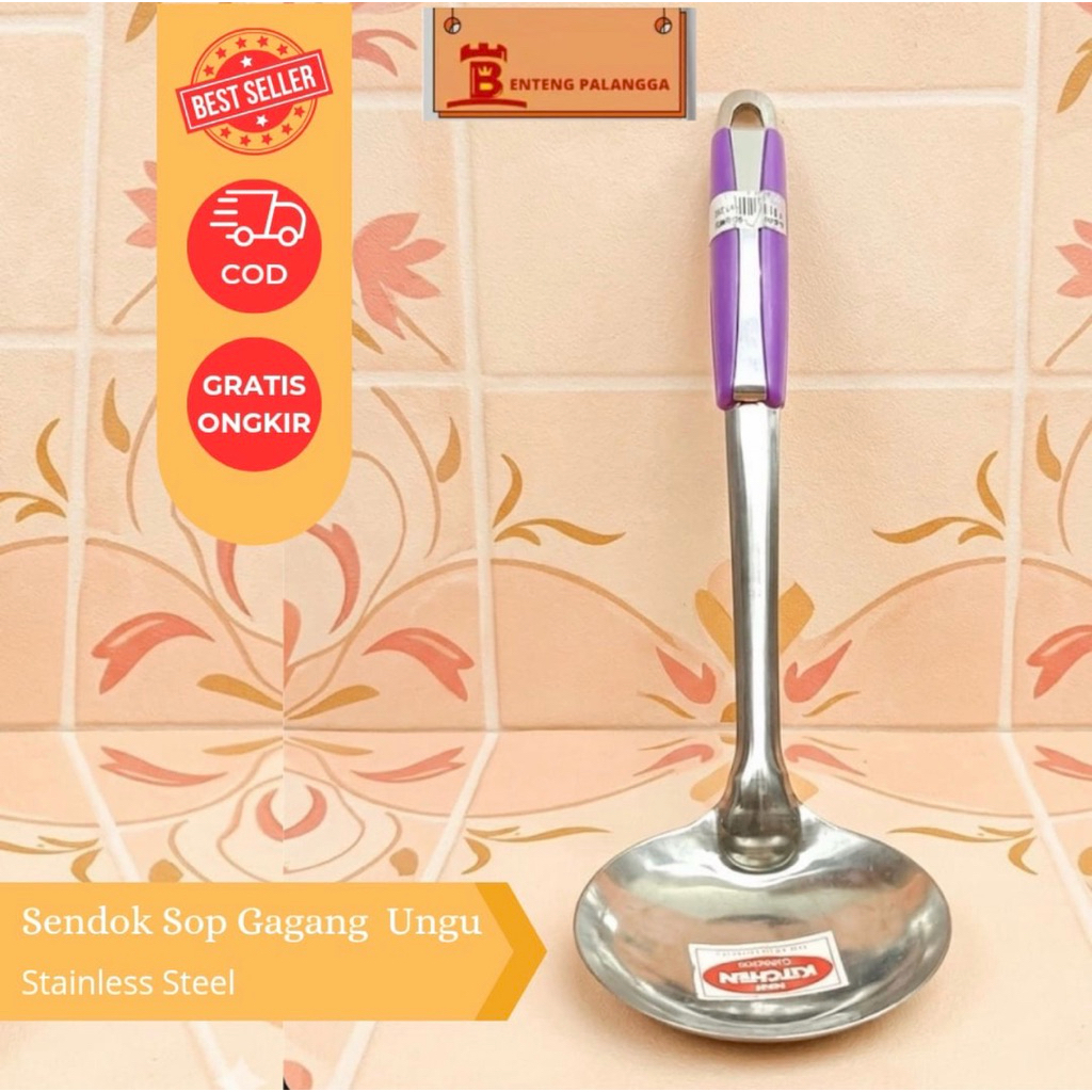 Sendok Sop Stainless Gagang Ungu Anti Karat / Irus Motif Garis Awet / Sendok Sayur Kuat