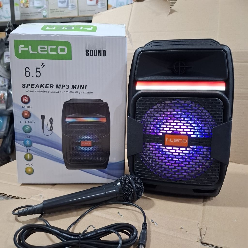 Fleco Speaker Bluetooth Portable Dengan Mik Kabel 1 pcs music box dengan Mikrofon kabel speaker port